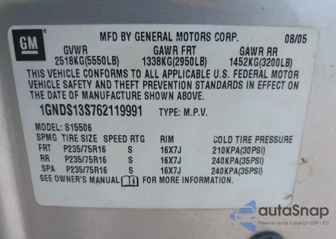 2006 Chevrolet Trailblazer Ls z USA, uszkodzony, nr VIN 1GNDS13S762119991